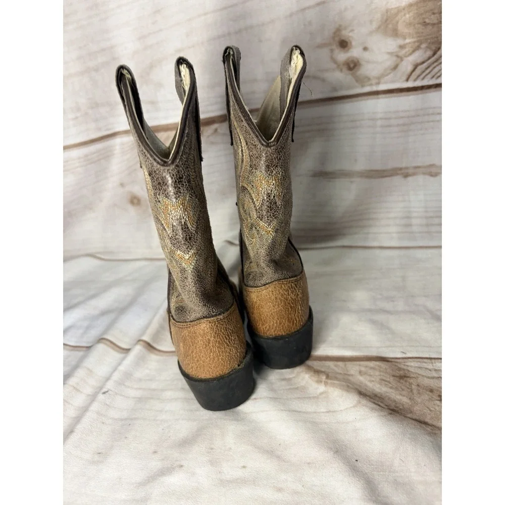 Old West Girls 8.5 Western Cowboy Boots Tan Brown Embroidered Square Toe